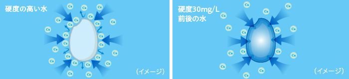 水の硬度の違いによるお米の吸水の比較イメージ