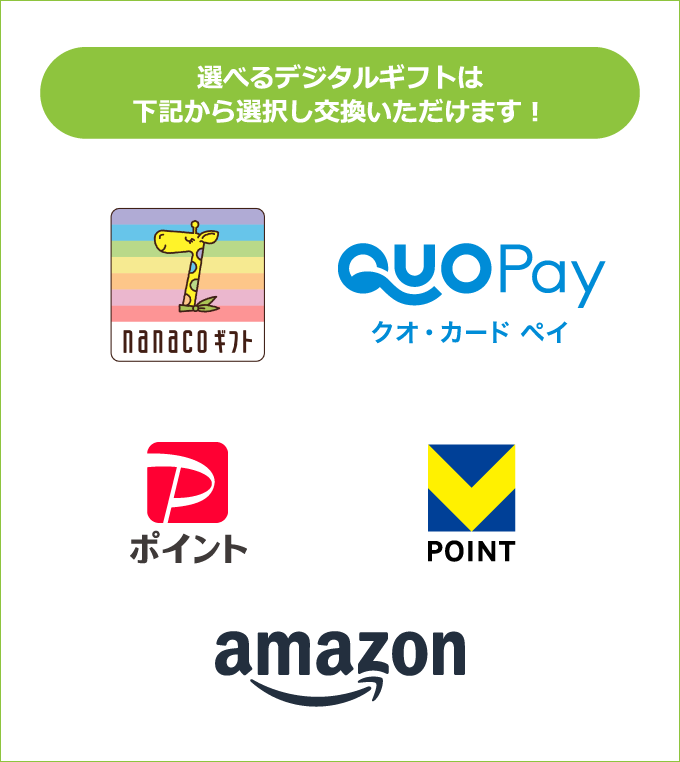 選べるデジタルギフトは下記から選択し交換いただけます！ nanacoギフト QUOPayクオ・カード ペイ PayPayポイント VPOINT Amazonギフトカード