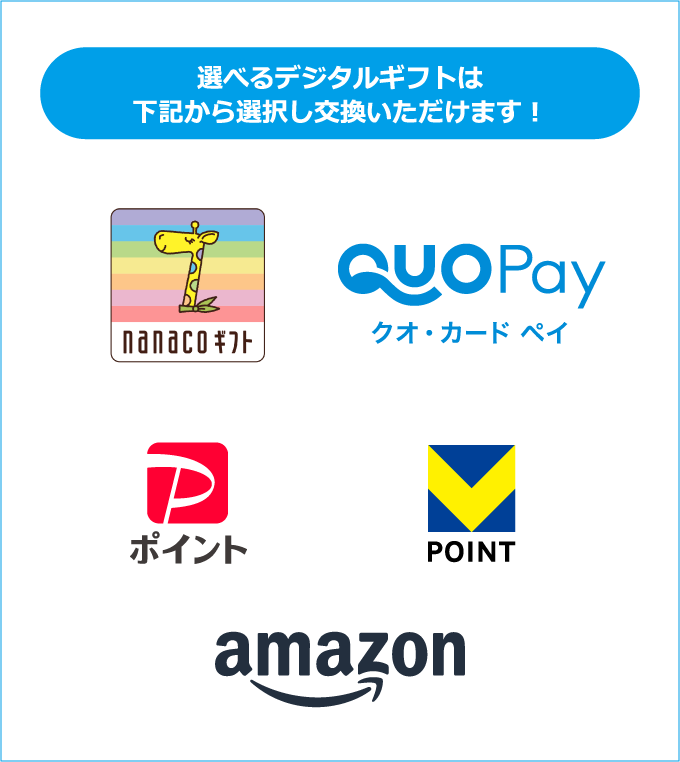 選べるデジタルギフトは下記から選択し交換いただけます! nanacoギフト QUOPayクオ・カード ペイ PayPayポイント VPOINT Amazonギフトカード